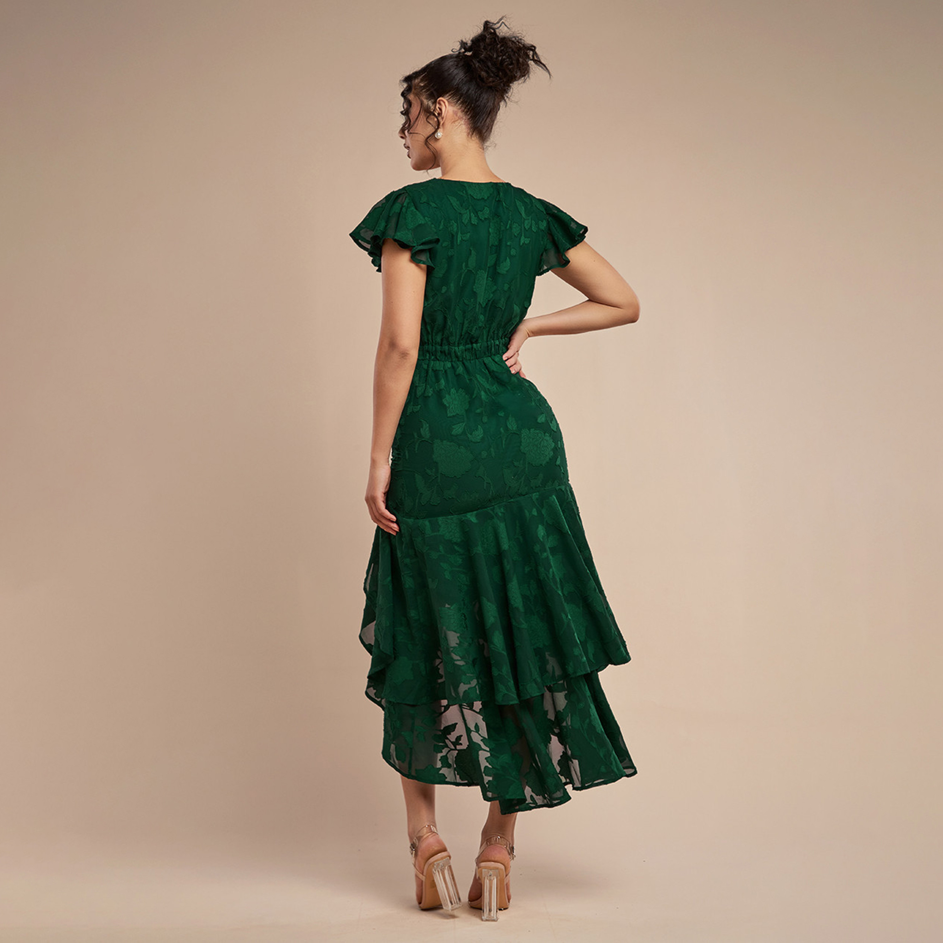 Goddiva Floral Jacquard Chiffon Flutter Sleeves Layered Women's Evening Midi Dress-women-clothing-dresses-image-3