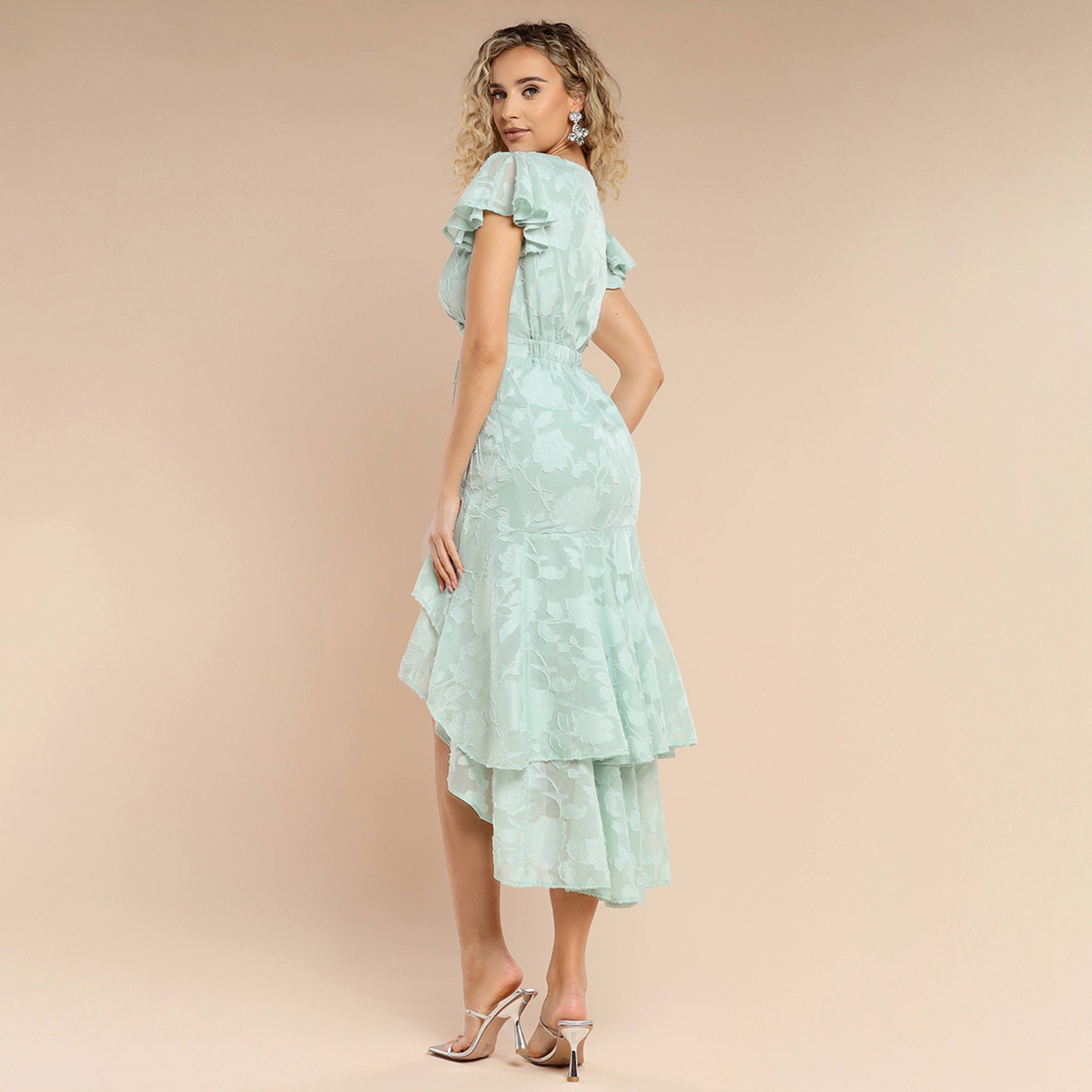 Goddiva Floral Jacquard Chiffon Flutter Sleeves Layered Women's Evening Midi Dress-women-clothing-dresses-image-3