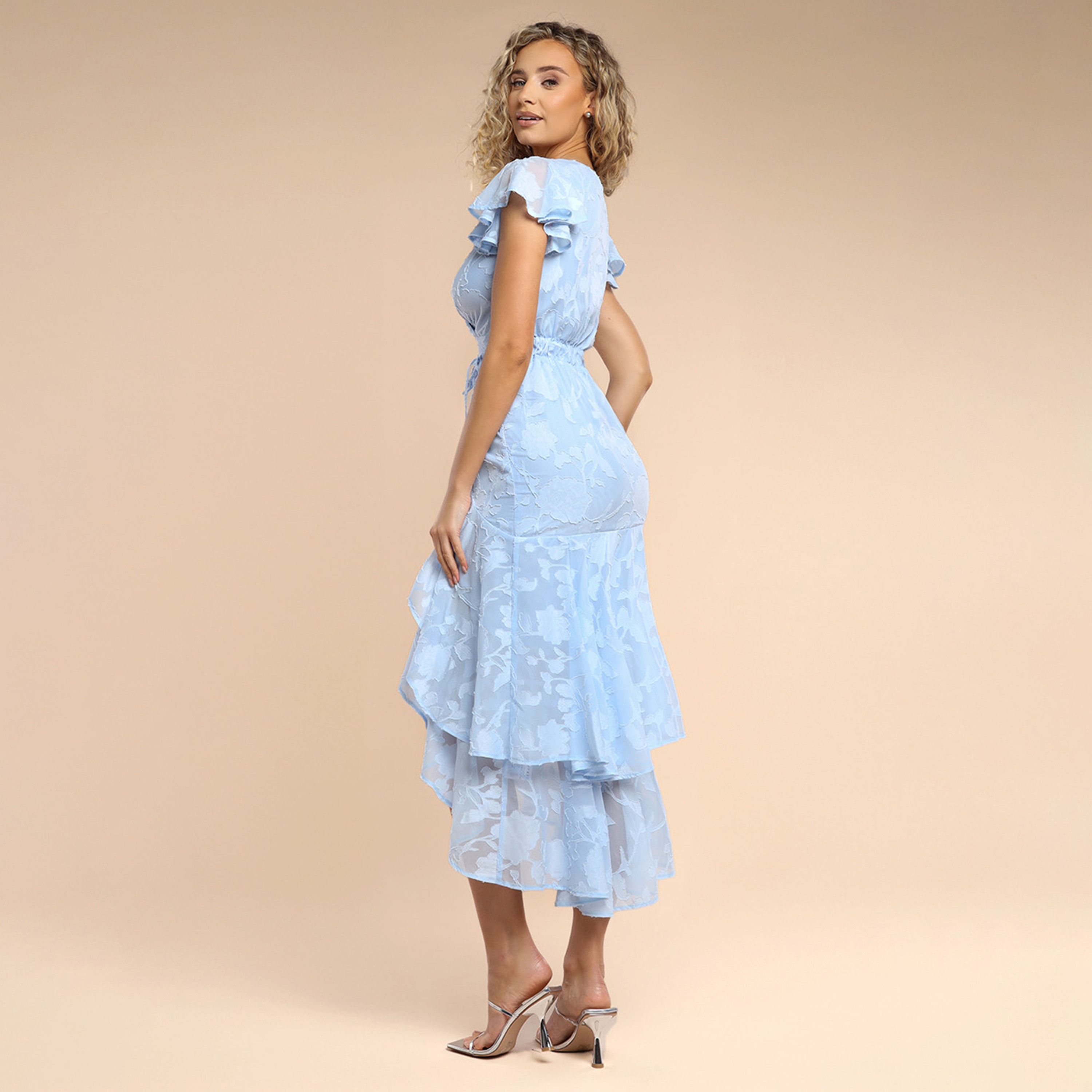 Goddiva Floral Jacquard Chiffon Flutter Sleeves Layered Women's Evening Midi Dress-women-clothing-dresses-image-6