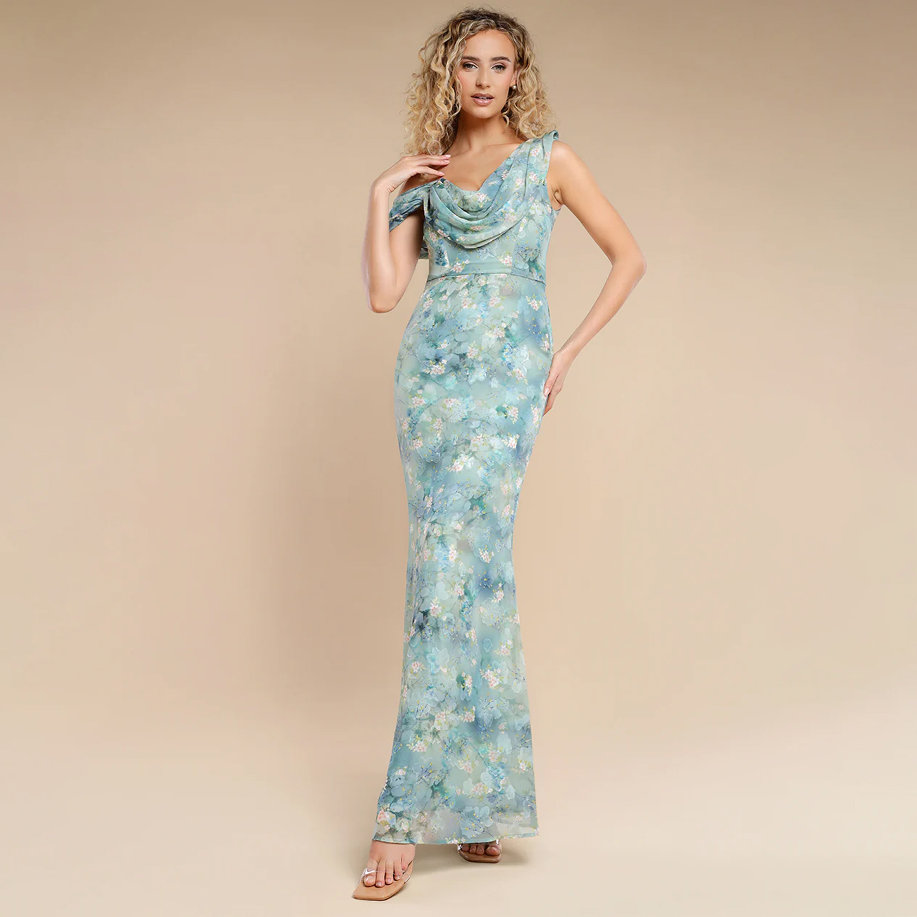 فستان سهرة نسائي ماكسي ضيق بياقة درابيه من قماش الجاكار والشيفون المزهر من جوديفا-women-clothing-dresses-image-1