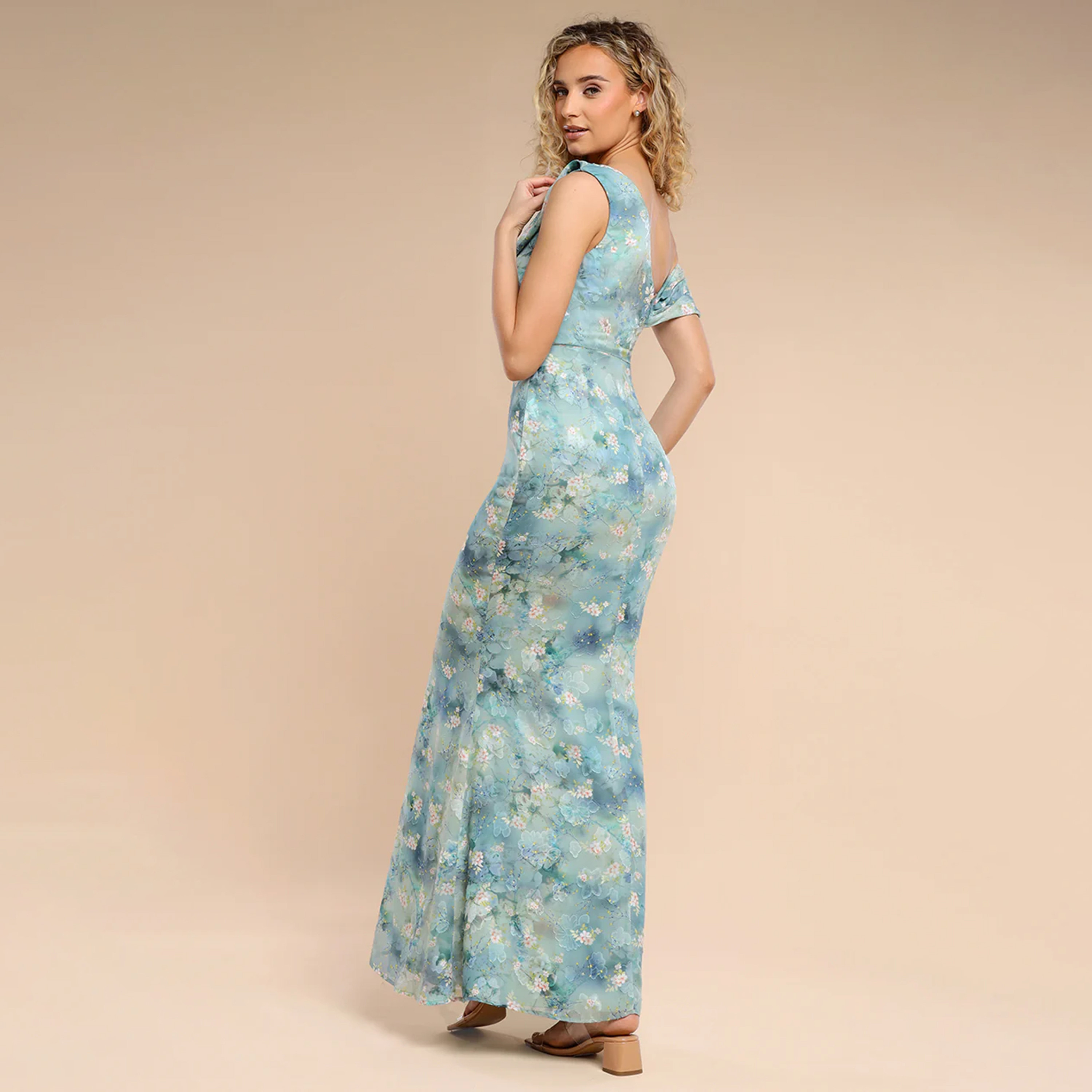 فستان سهرة نسائي ماكسي ضيق بياقة درابيه من قماش الجاكار والشيفون المزهر من جوديفا-women-clothing-dresses-image-3