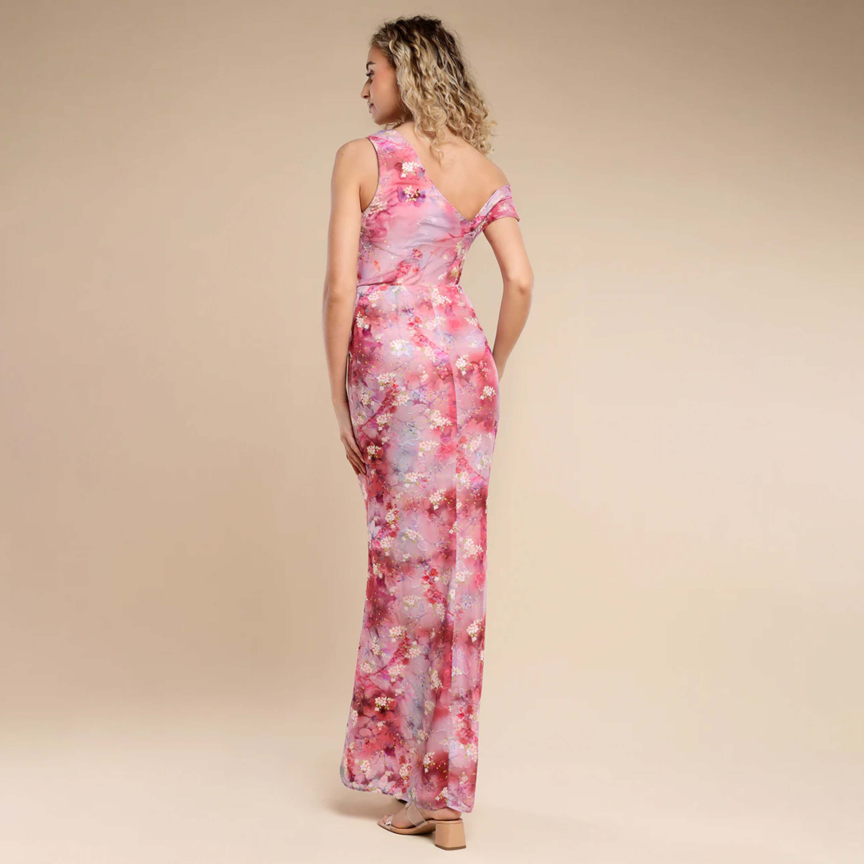 فستان سهرة نسائي ماكسي ضيق بياقة درابيه من قماش الجاكار والشيفون المزهر من جوديفا-women-clothing-dresses-image-6
