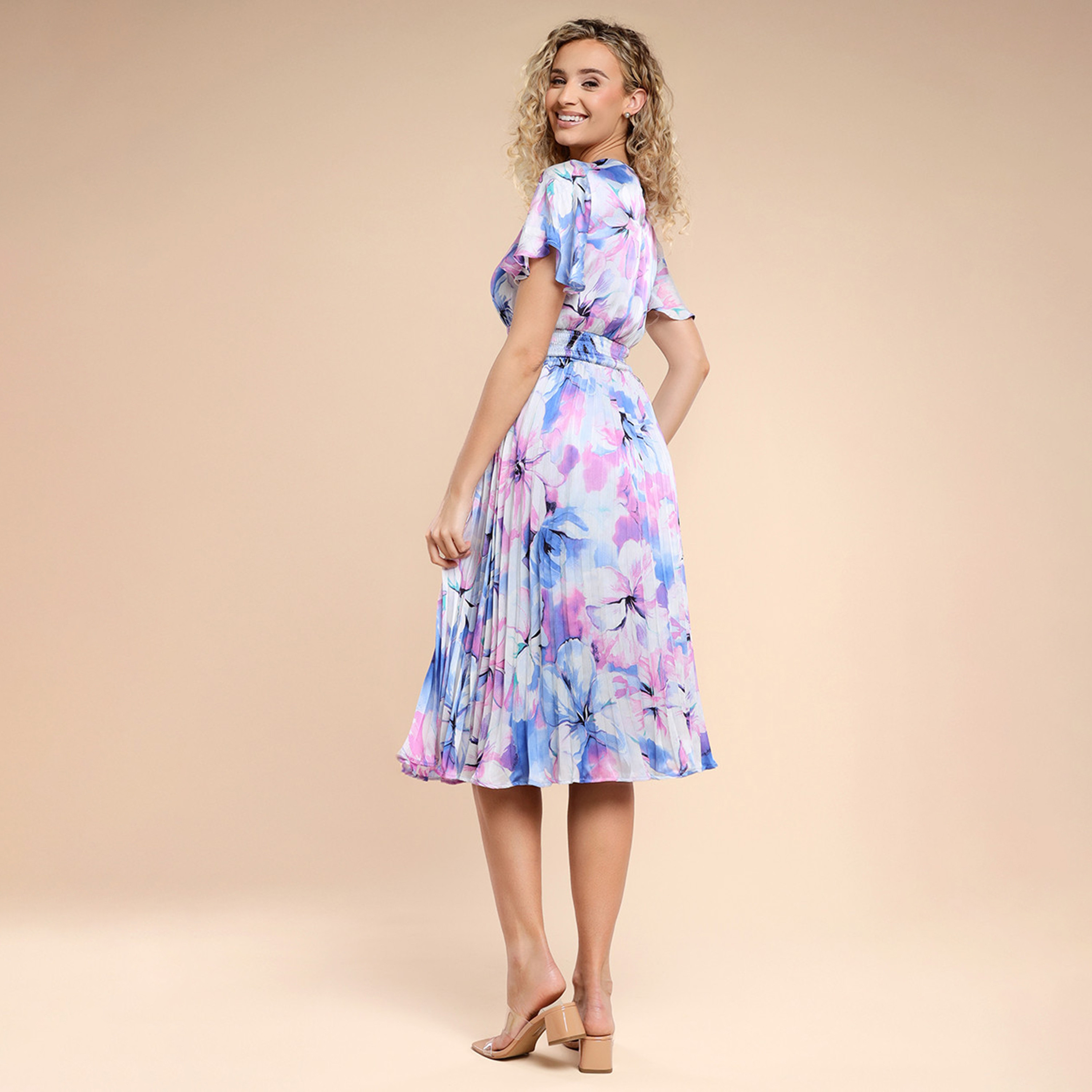 فستان سهرة نسائي ميدي مطوي من الشيفون المزهر بأكمام فضفاضة باللون الأزرق من جوديفا-women-clothing-dresses-image-3