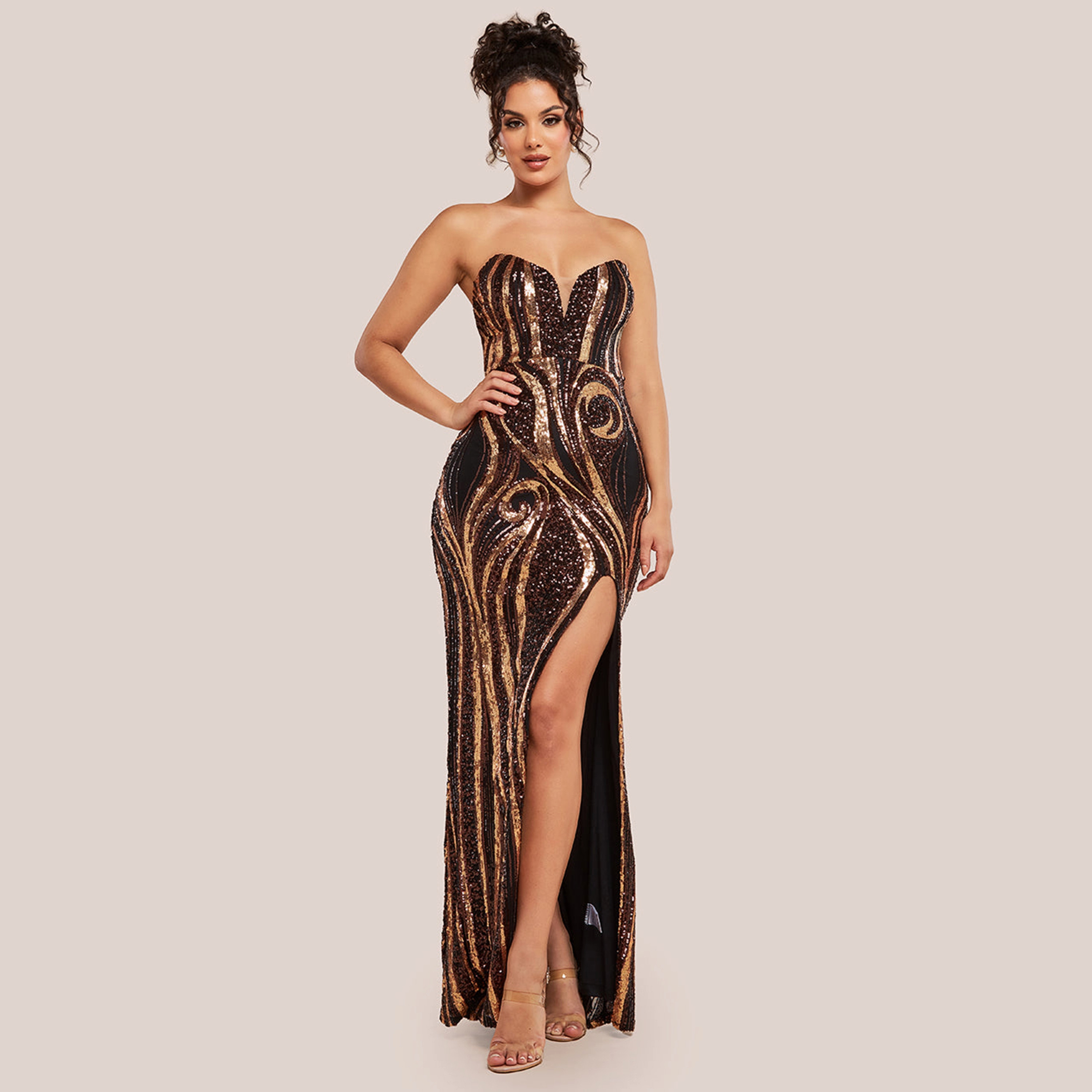 Goddiva Bronze Swirl Pattern Sequins Strapless Sweetheart Neckline Evening Women's Gown-women-clothing-dresses-image-1