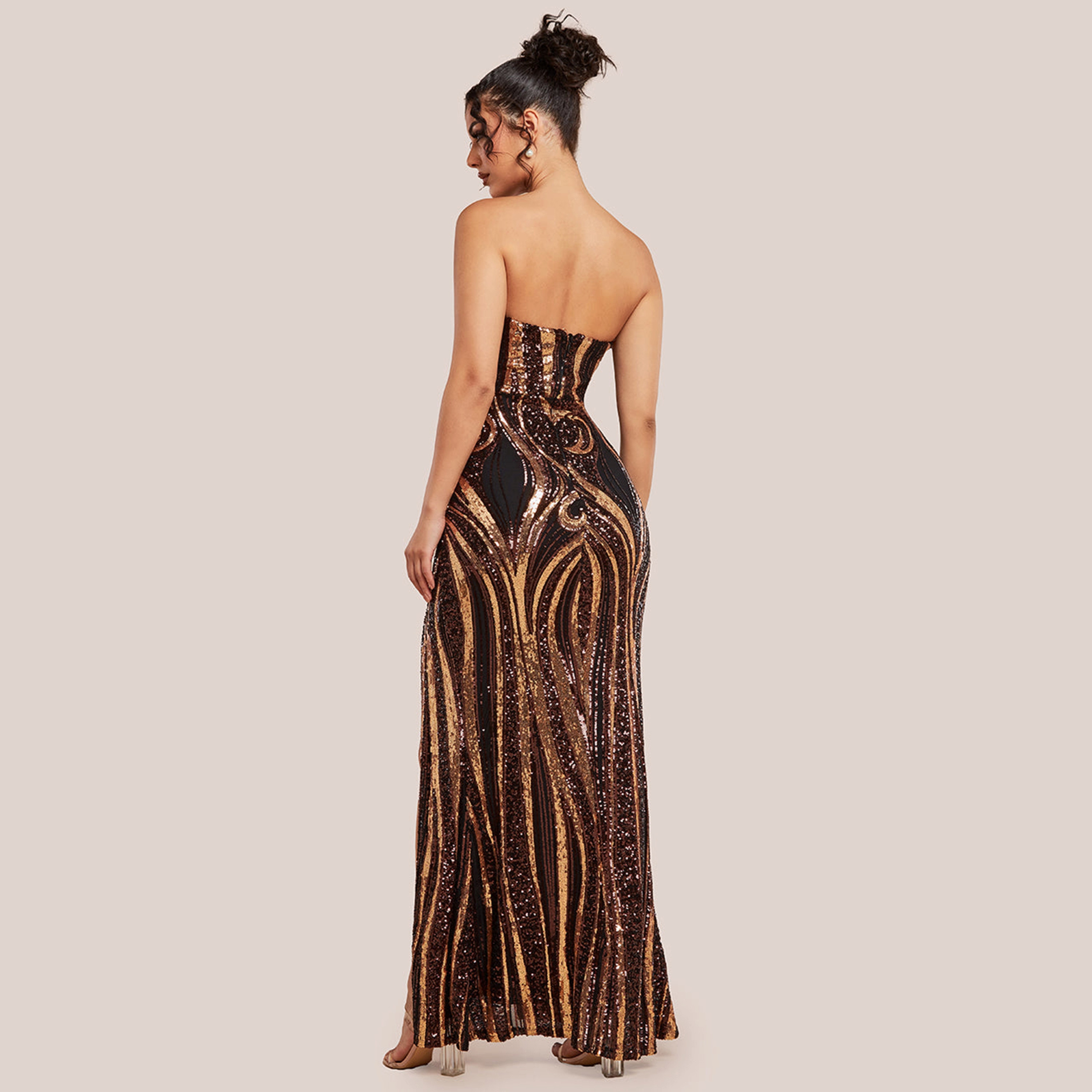 Goddiva Bronze Swirl Pattern Sequins Strapless Sweetheart Neckline Evening Women's Gown-women-clothing-dresses-image-4