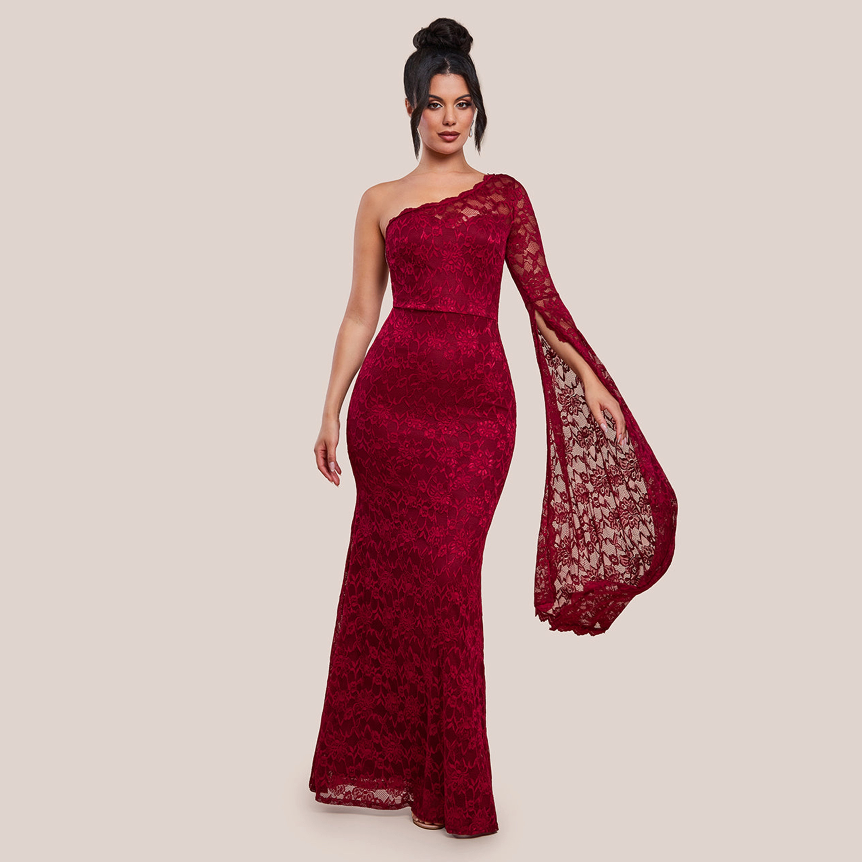 Goddiva Wine Embroidered One Shoulder Scalloped Sheer Flared Sleeve Evening Women's Mermaid Gown-women-clothing-dresses-image-1