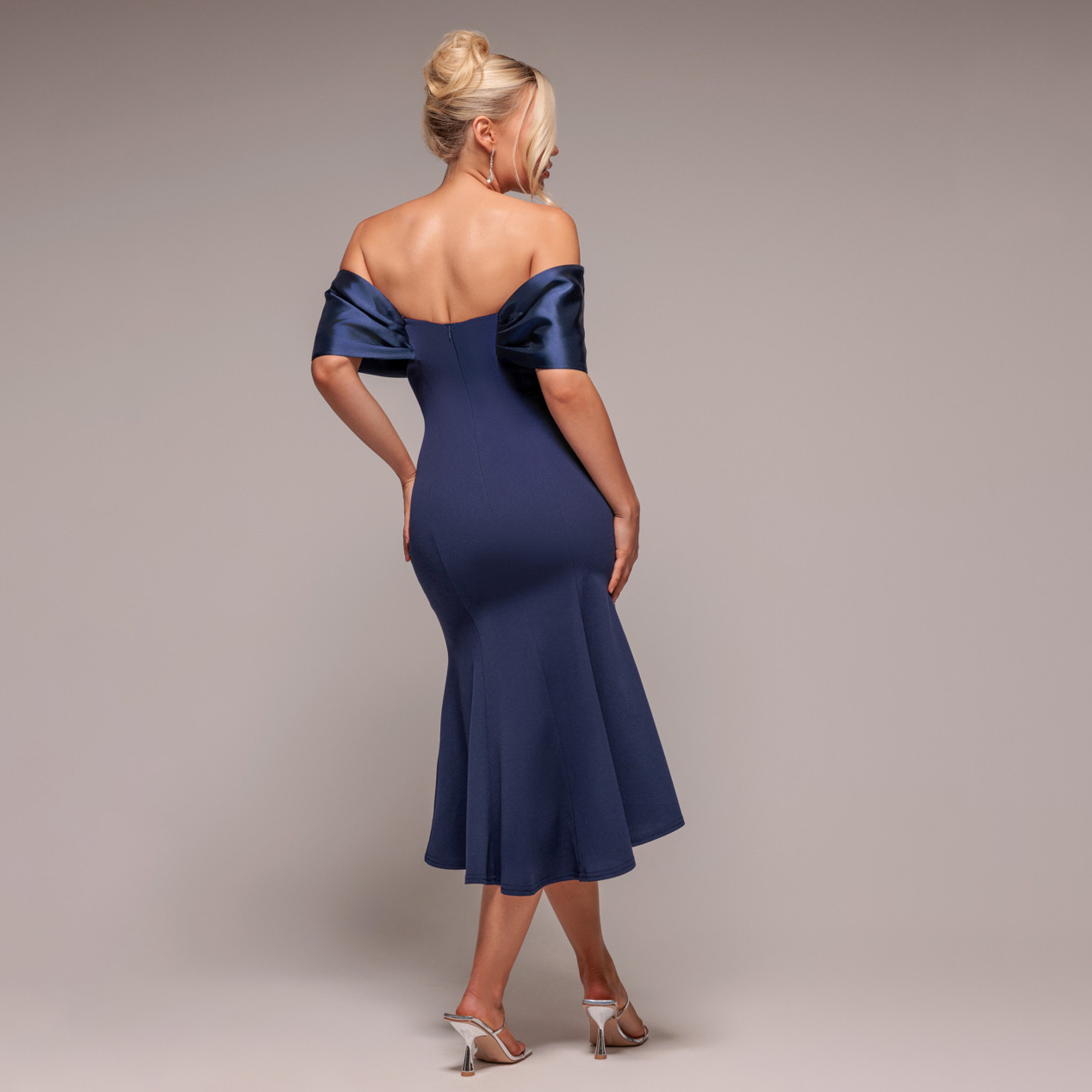 Goddiva Scuba Crepe Bardot Neck Mermaid Women's Evening Midi Dress-women-clothing-dresses-image-3