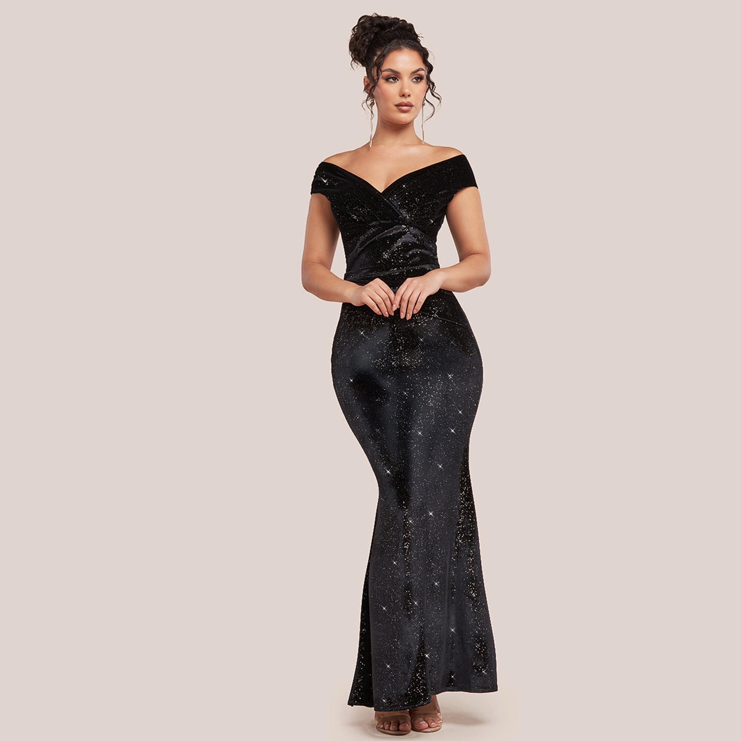 Goddiva Shimmer Bardot Neck Velvet Evening Women's Mermaid Gown-women-clothing-dresses-image-1