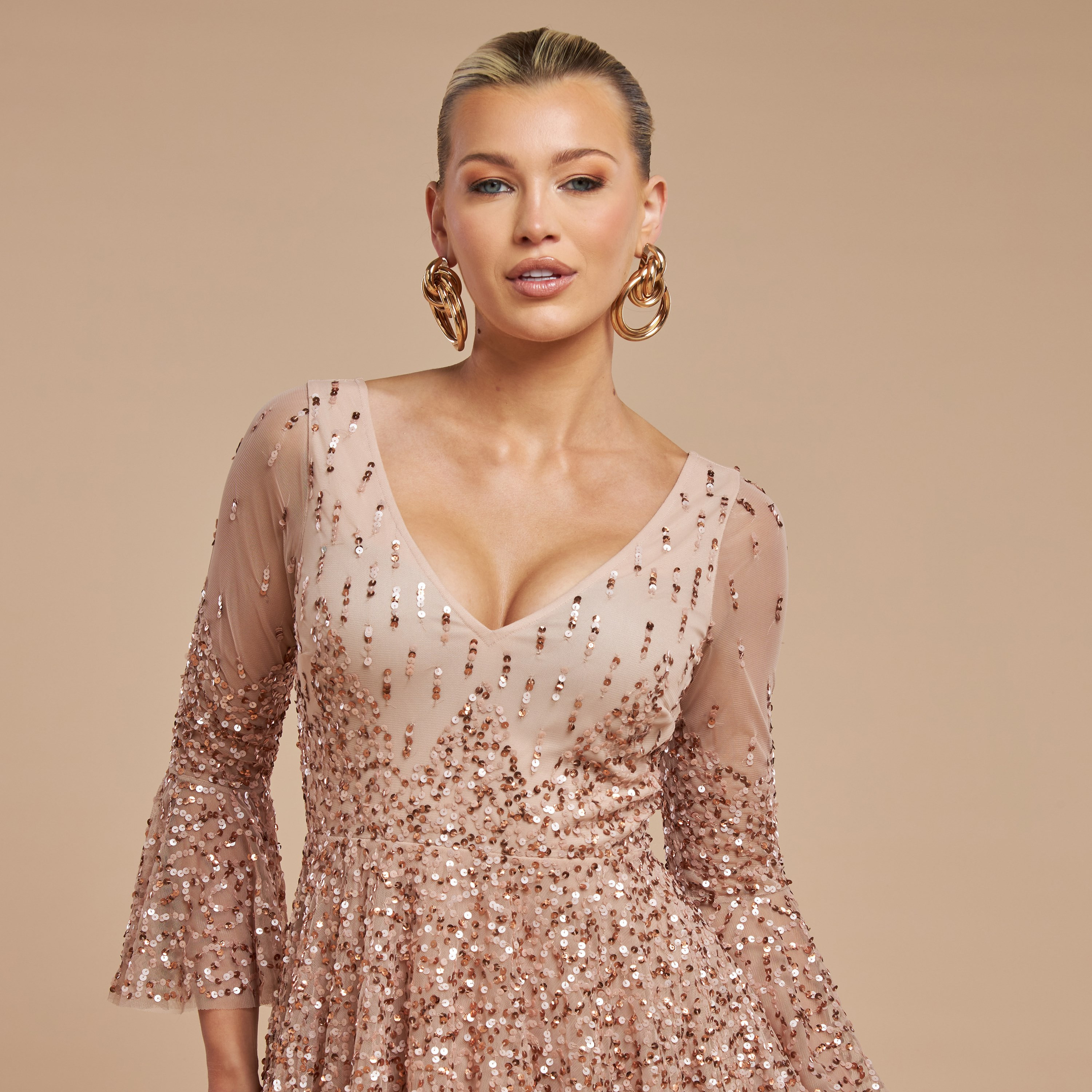 Goddiva Sequined Mesh Bell Sleeves Flared Women's Evening Maxi Gown-women-clothing-dresses-image-2