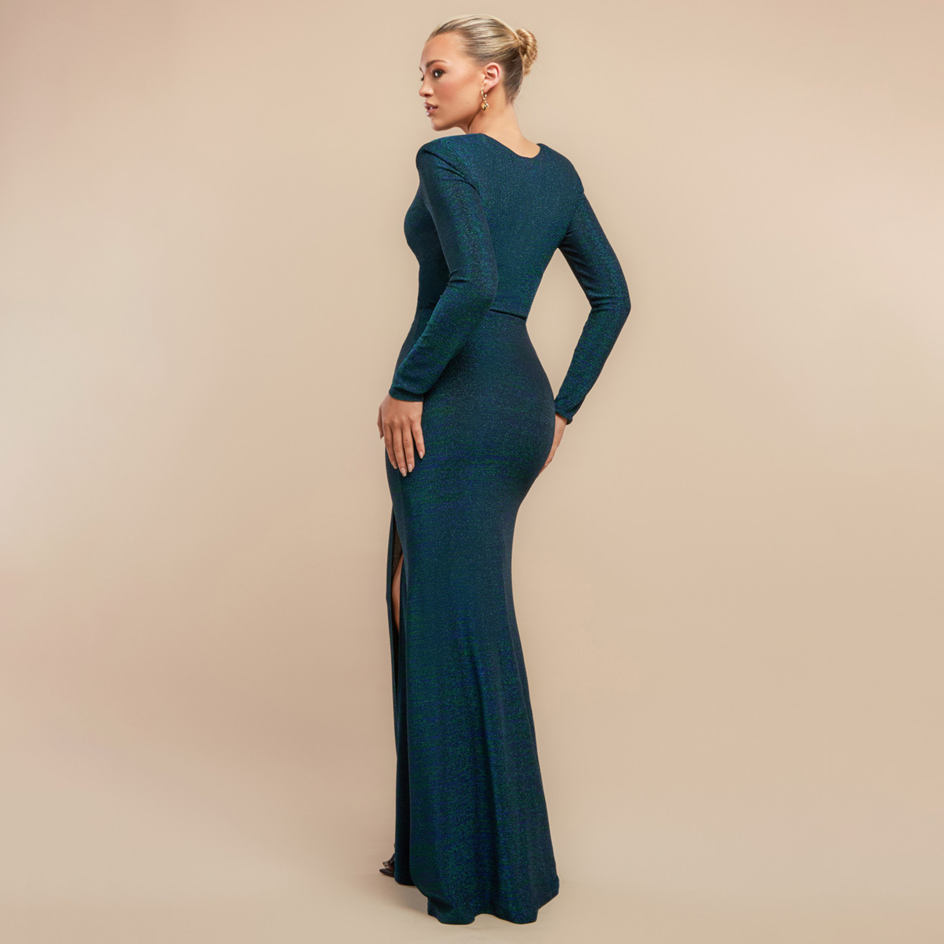 Goddiva Lurex Surplice Neck Bodycon Emerald Green Women's Evening Maxi Dress-women-clothing-dresses-image-3