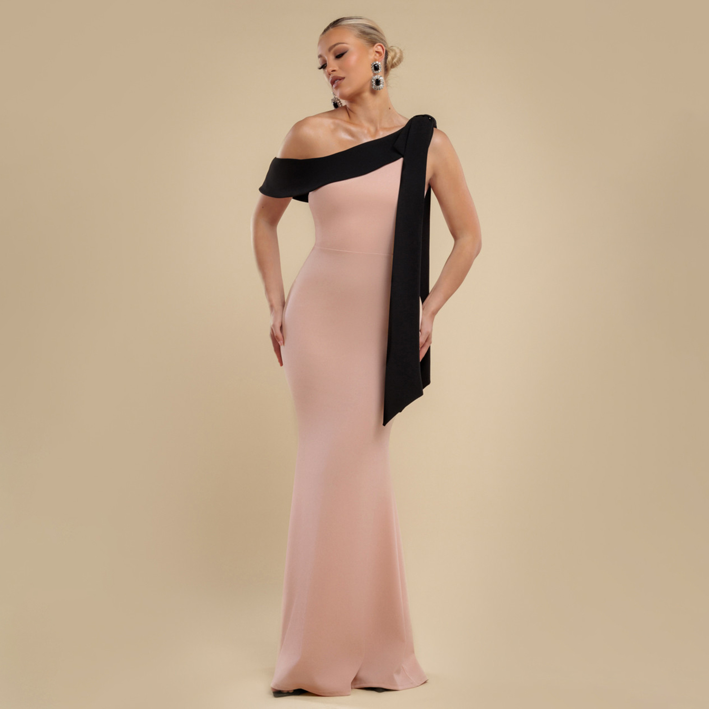 Goddiva Contrasting Bow Scuba Crepe One Shoulder Bodycon Nude Women's Evening Maxi Dress-women-clothing-dresses-image-1