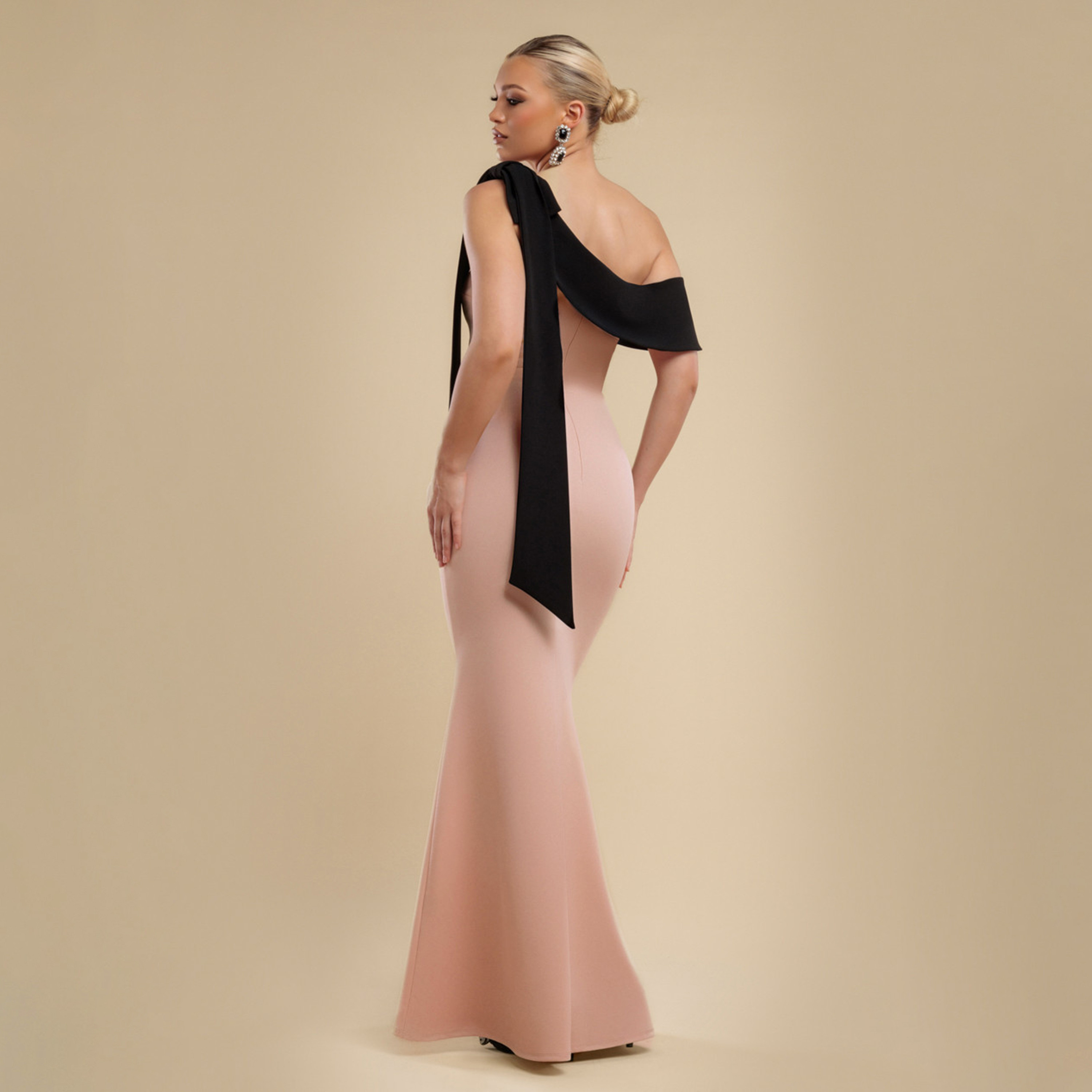 Goddiva Contrasting Bow Scuba Crepe One Shoulder Bodycon Nude Women's Evening Maxi Dress-women-clothing-dresses-image-3