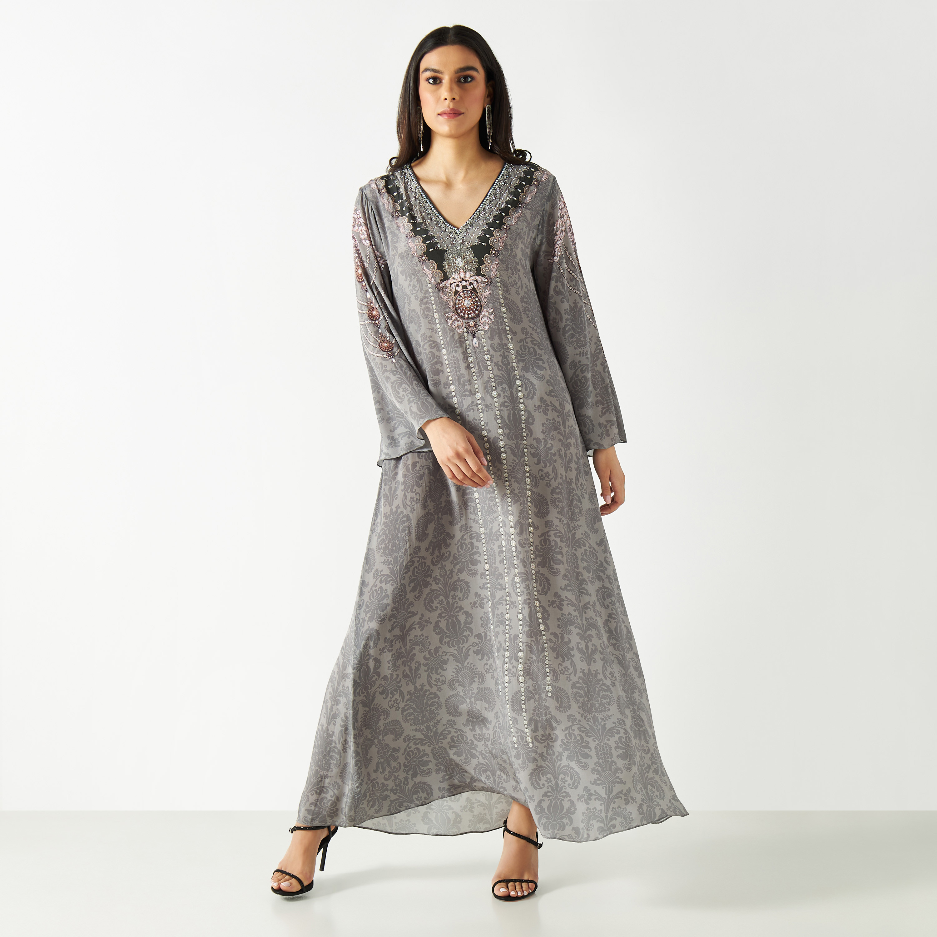قطفان بطبعات وياقة V وأكمام واسعة-women-arabicclothing-kaftan-image-1