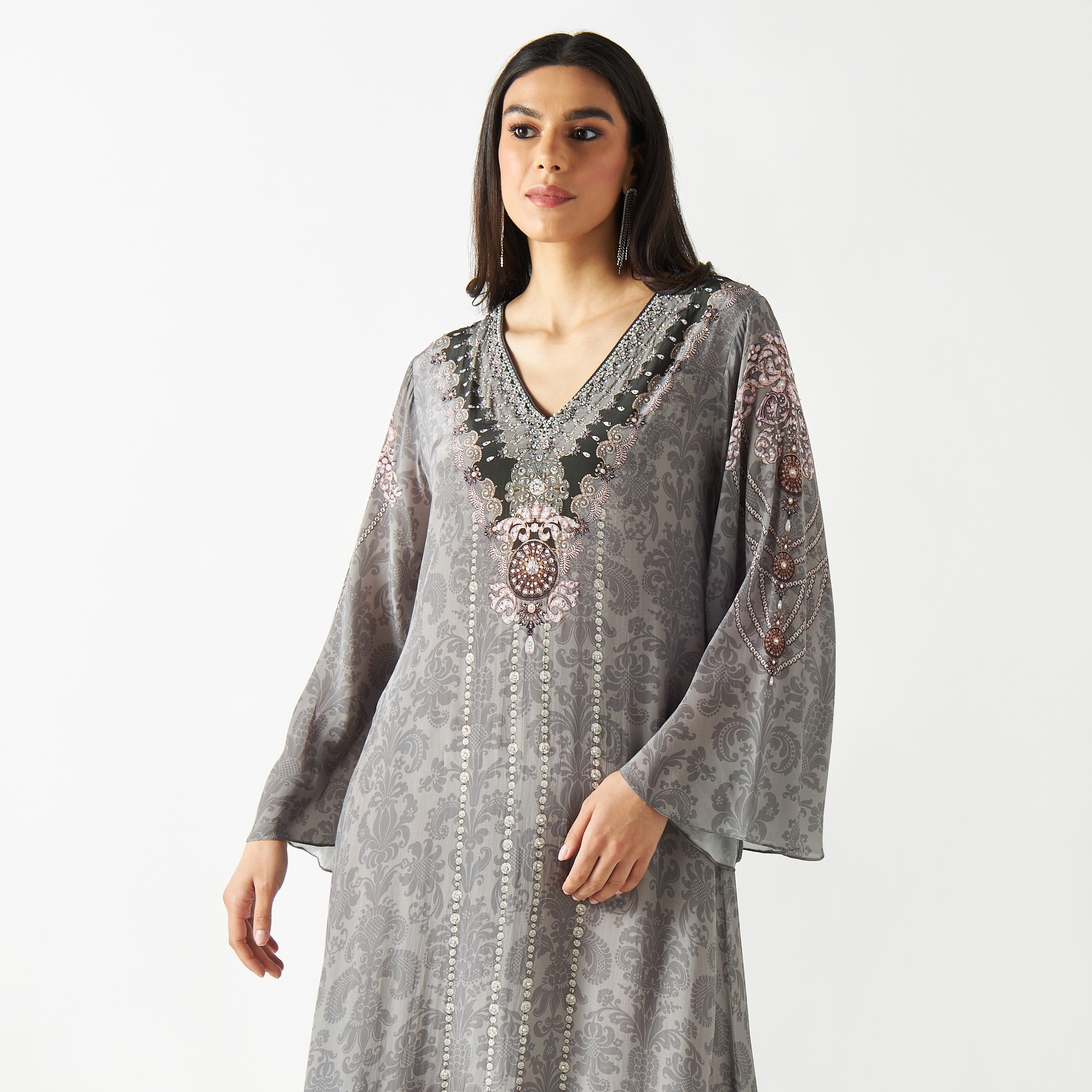 Printed Kaftan with V-neck and Flared Sleeves-women-arabicclothing-kaftan-image-2