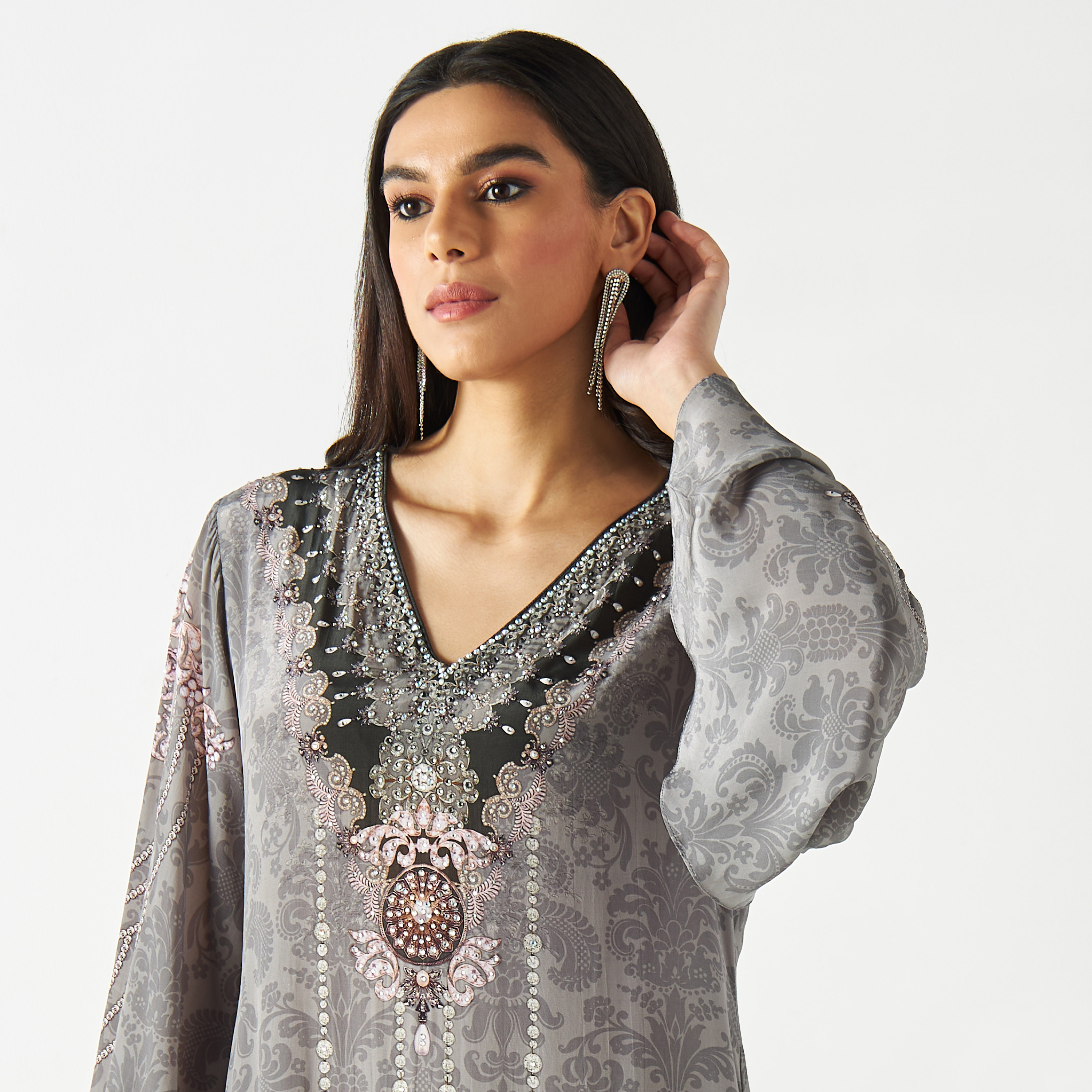 Printed Kaftan with V-neck and Flared Sleeves-women-arabicclothing-kaftan-image-3