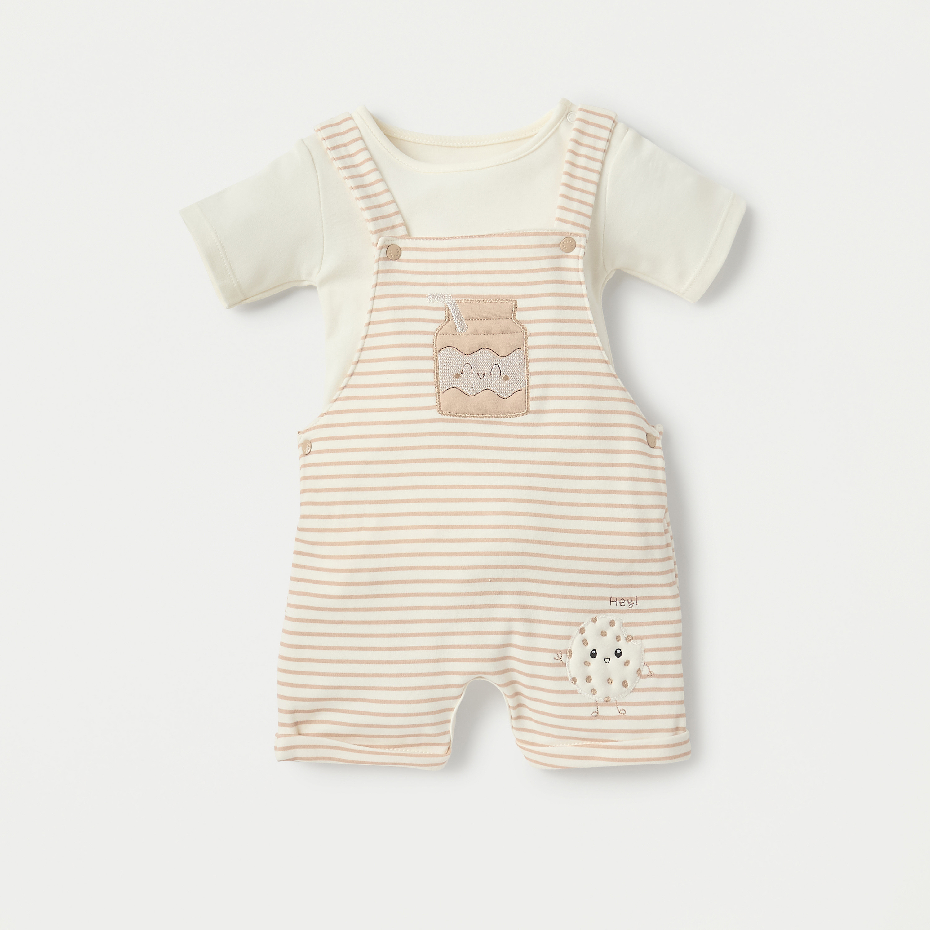 Juniors Solid T-shirt and Striped Dungaree Set-baby-boys-clothing-rompers-image-1