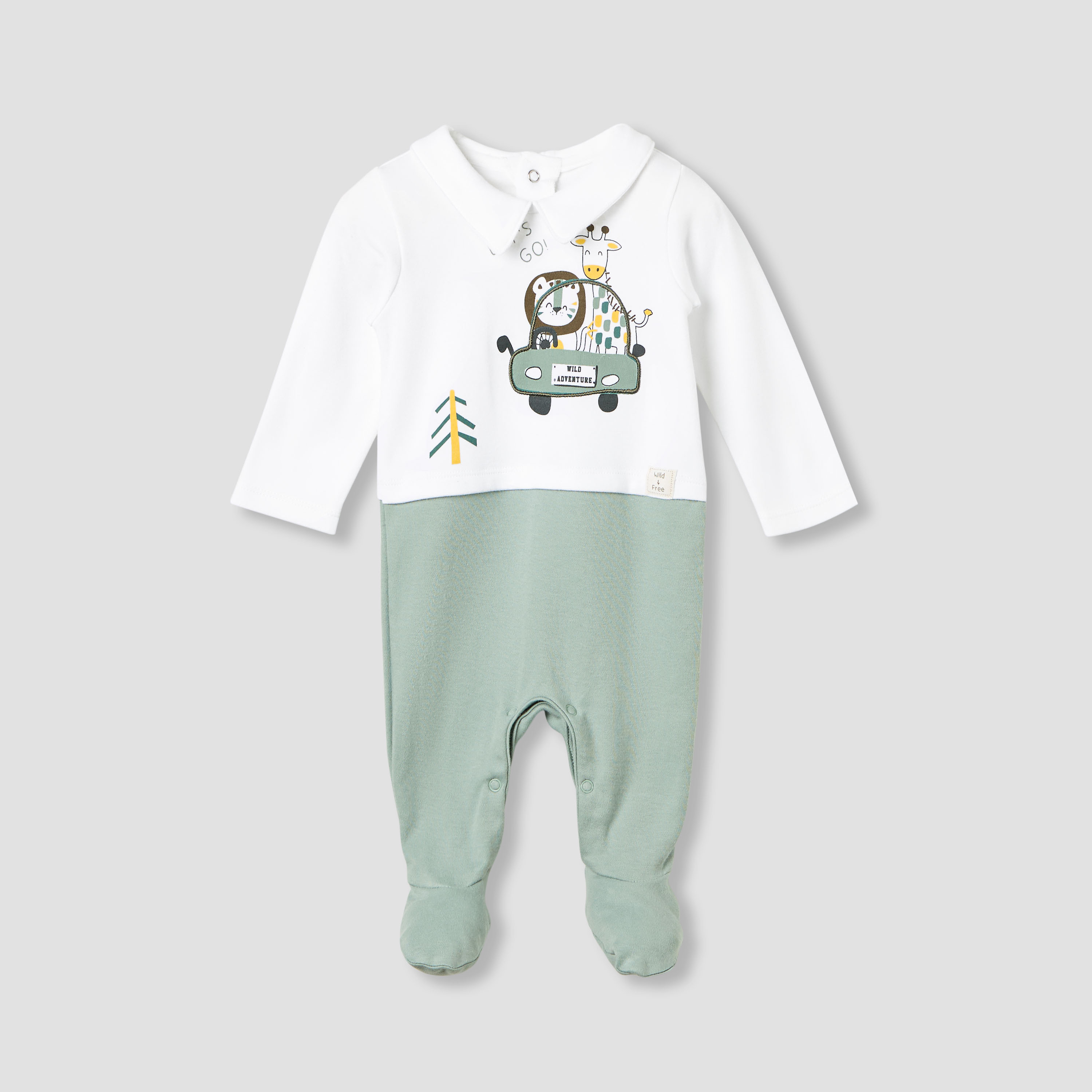 Juniors Collared Sleepsuit with Safari Print - Cotton - Long Sleeves-baby-boys-clothing-nightwear-sleepsuits-image-1