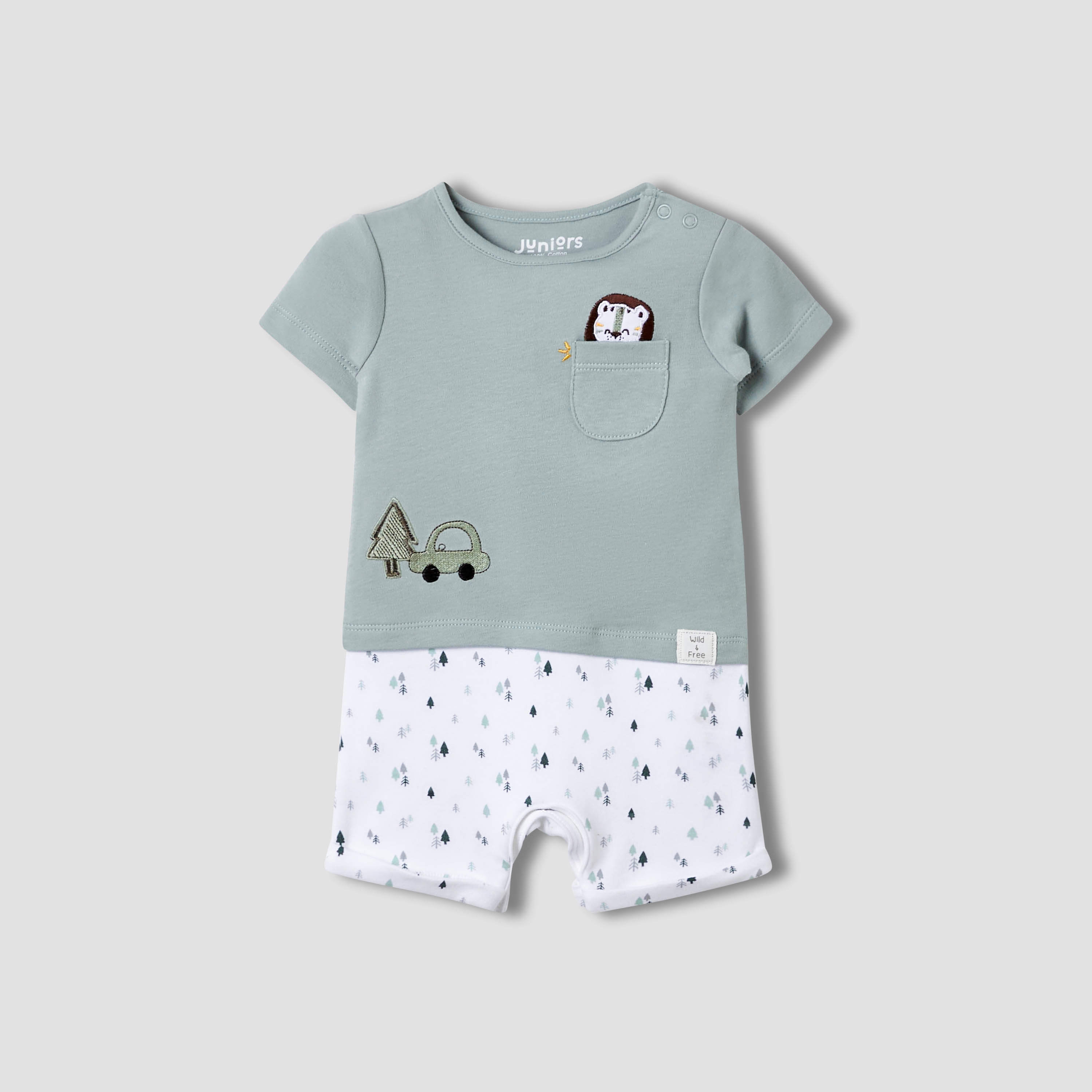 Juniors Round Neck Romper with Fun Embroidery - Cotton - Short Sleeves-baby-boys-clothing-rompers-image-1