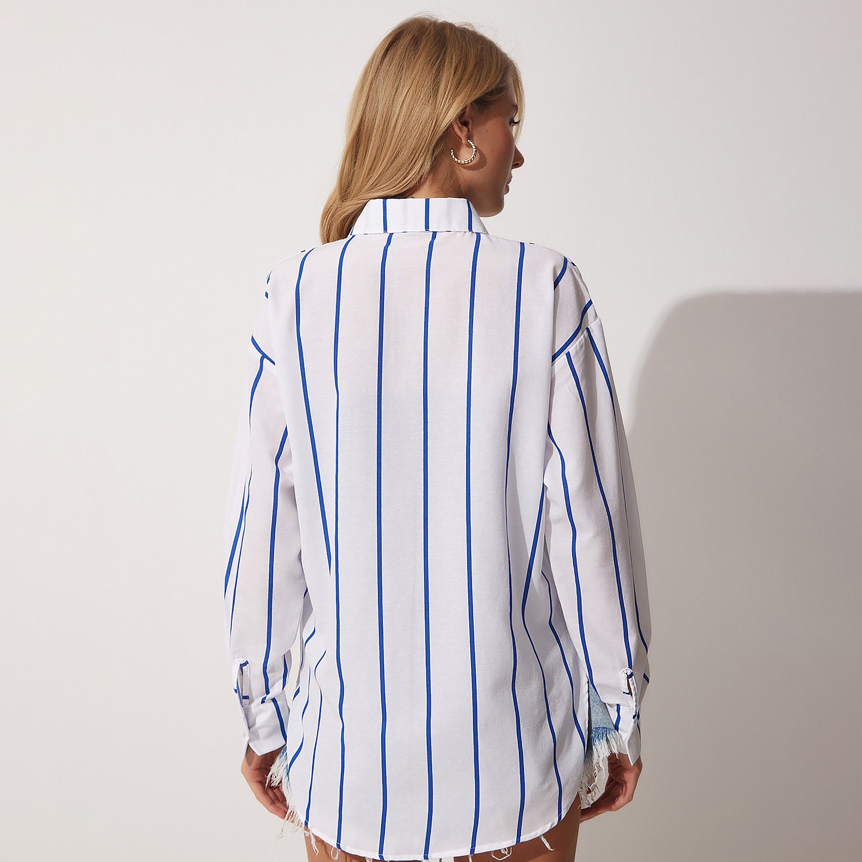 سعادة إسطنبول بأكمام منسدلة بياقة مخططة وقميص نسائي أبيض-women-clothing-shirtsandblouses-shirts-image-3