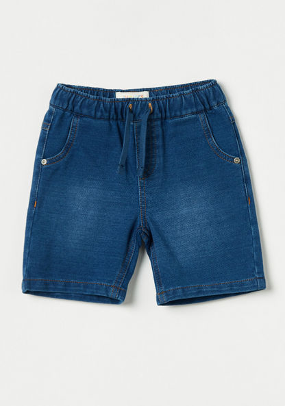 Juniors Solid Denim Shorts with Drawstring Closure and Pockets-Shorts-image-0