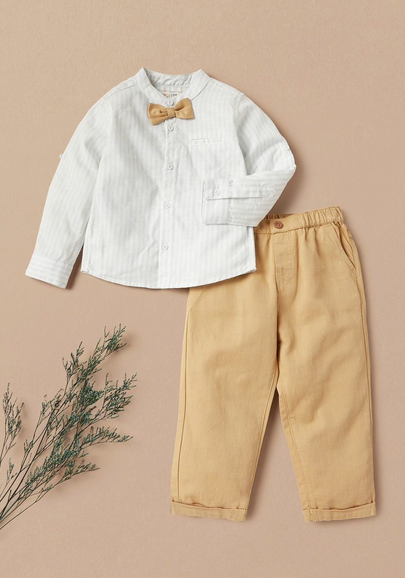Juniors Striped Shirt with Bow Applique and Elasticated Pants Set-Clothes Sets-image-0
