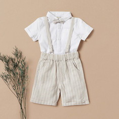 Juniors Solid Bodysuit and Striped Dungarees