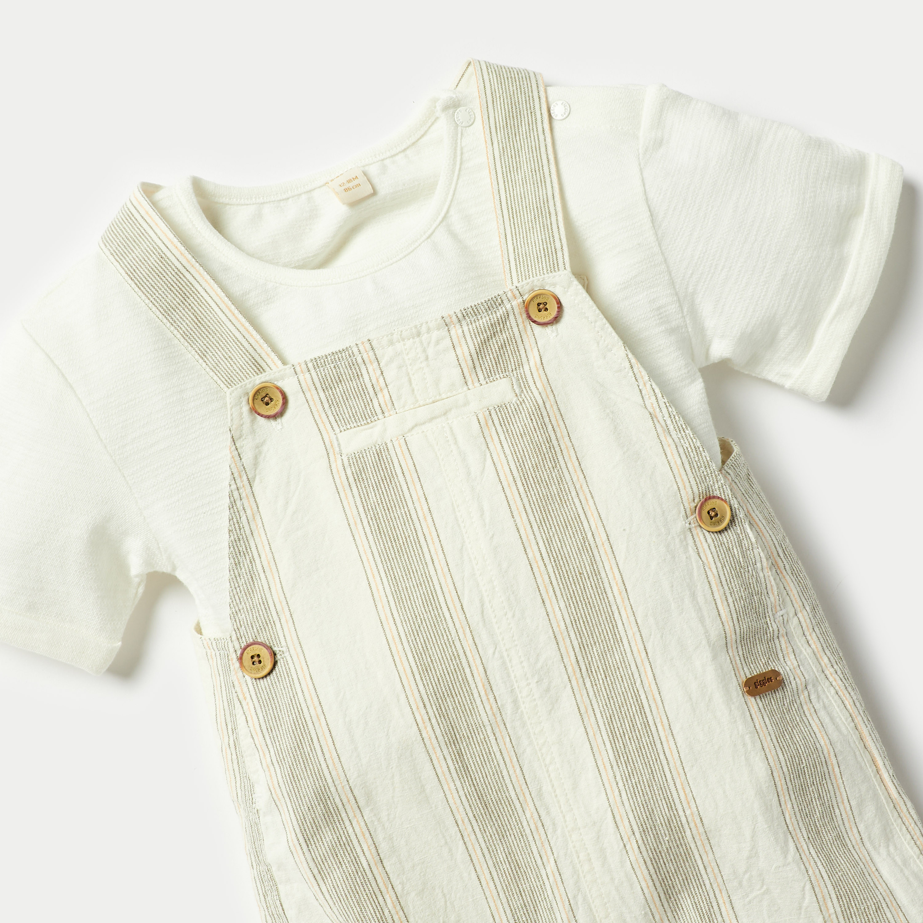 Giggles Solid Crew Neck T-shirt and Striped Dungaree Set-baby-boys-clothing-setsandcoords-image-2