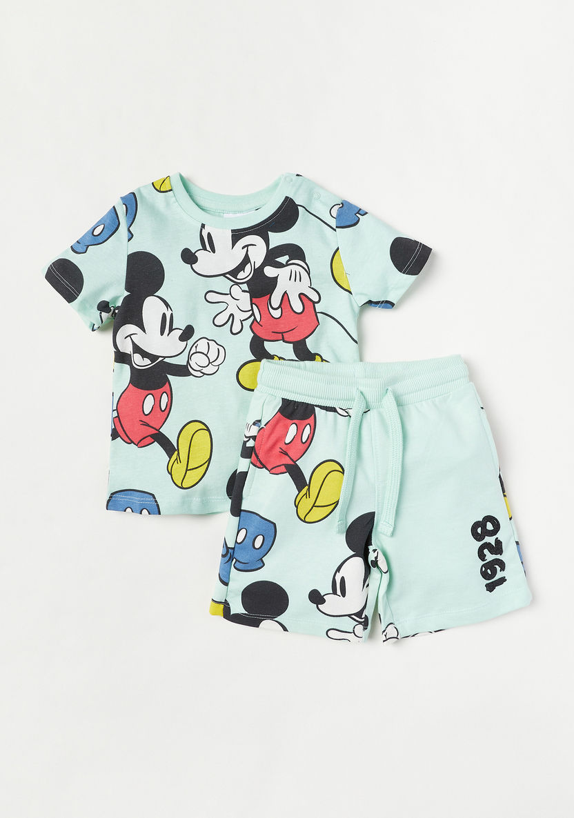 Disney Mickey Mouse Print Crew Neck T-shirt and Elasticated Shorts Set-Clothes Sets-image-0