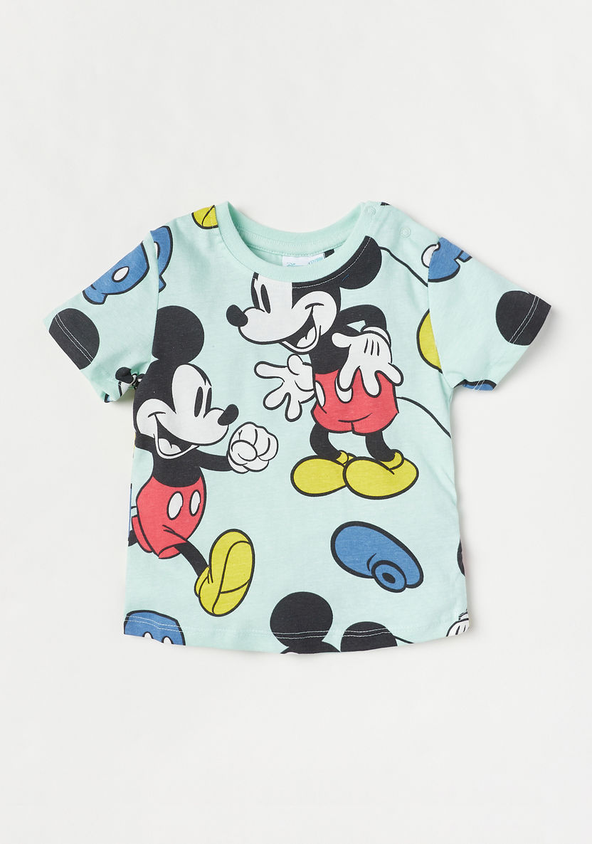 Disney Mickey Mouse Print Crew Neck T-shirt and Elasticated Shorts Set-Clothes Sets-image-1