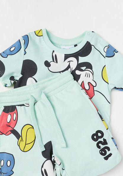 Disney Mickey Mouse Print Crew Neck T-shirt and Elasticated Shorts Set-Clothes Sets-image-3