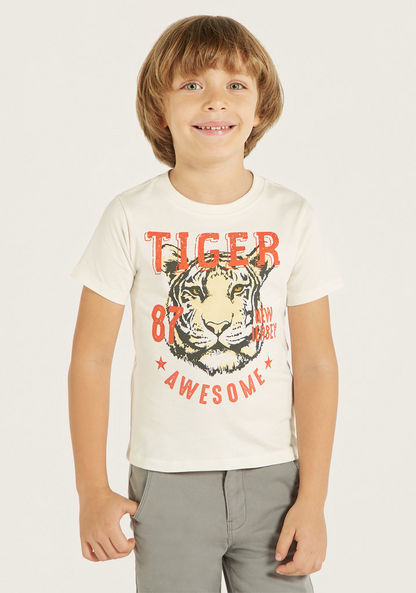 Juniors Tiger Graphic Print T-shirt with Short Sleeves and Crew Neck-T Shirts-image-0