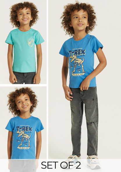 Juniors Dinosaur Print T-shirt with Short Sleeves - Set of 2-T Shirts-image-0