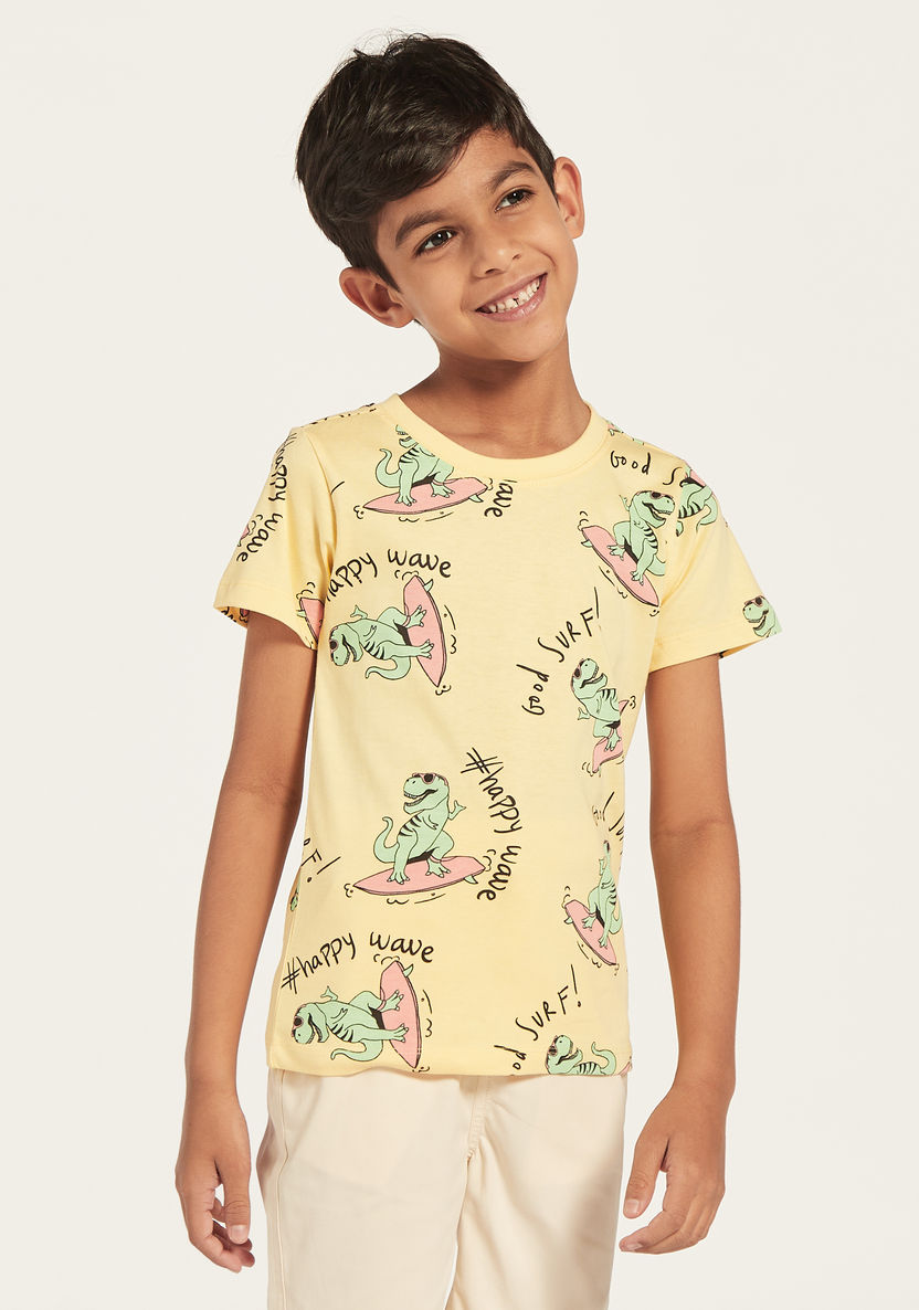 Juniors All-Over Dinosaur Print T-shirt with Short Sleeves-T Shirts-image-0