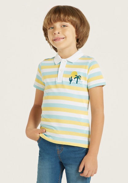 Juniors Striped Polo T-shirt with Short Sleeves and Embroidered Detail-T Shirts-image-0