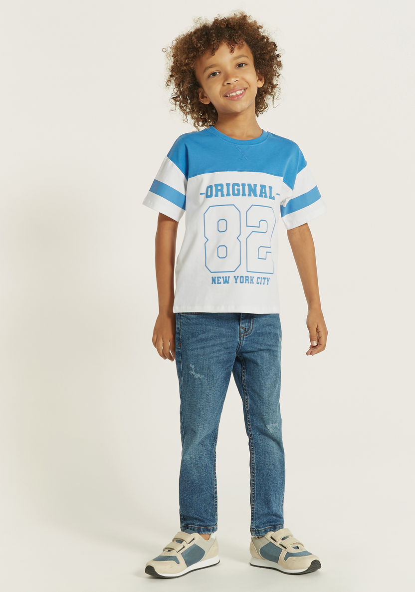 Juniors Printed T-shirt with Short Striped Sleeves and Crew Neck-T Shirts-image-1