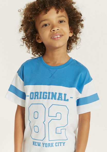 Juniors Printed T-shirt with Short Striped Sleeves and Crew Neck-T Shirts-image-2