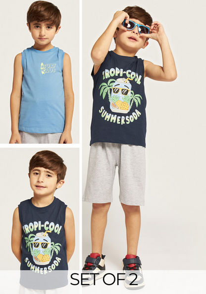 Juniors Graphic Print Sleeveless T-shirt with Crew Neck - Set of 2-T Shirts-image-0