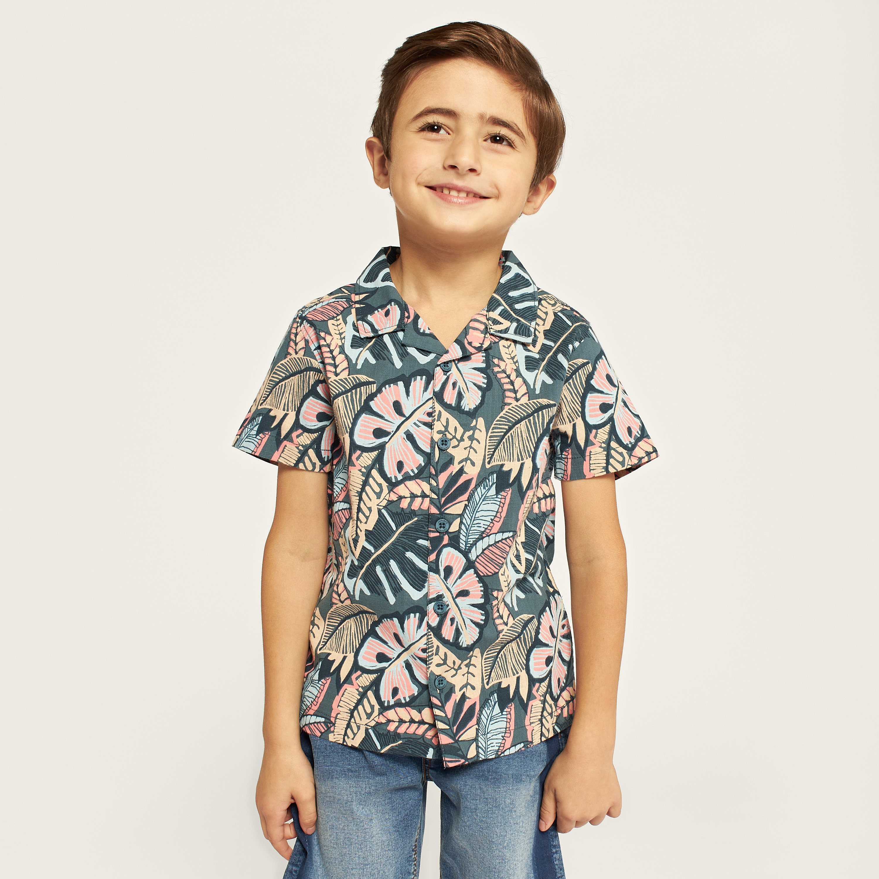 Juniors All-Over Tropical Print Shirt with Short Sleeves and Button Closure-boys-clothing-shirts-image-1