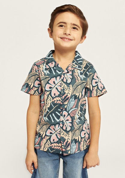 Juniors All-Over Tropical Print Shirt with Short Sleeves and Button Closure-Shirts-image-0