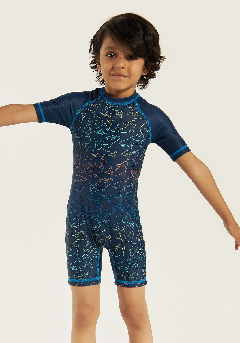 Juniors All-Over Print Swimsuit with Raglan Sleeves-Swimwear-image-1