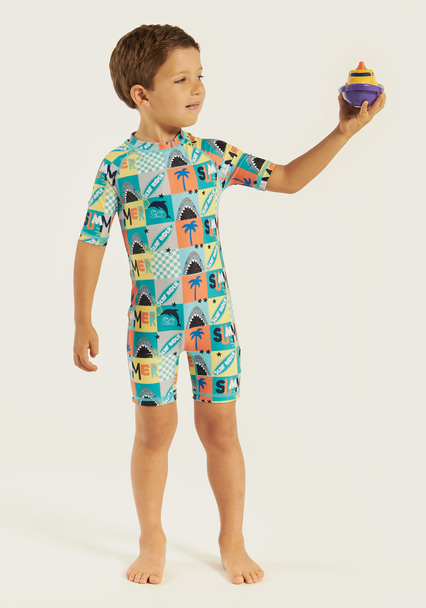 Juniors All-Over Graphic Print Swimsuit with Short Sleeves and Zip Closure-Swimwear-image-0