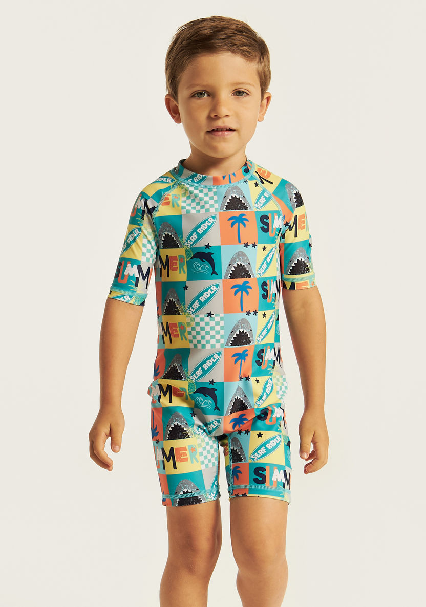 Juniors All-Over Graphic Print Swimsuit with Short Sleeves and Zip Closure-Swimwear-image-1