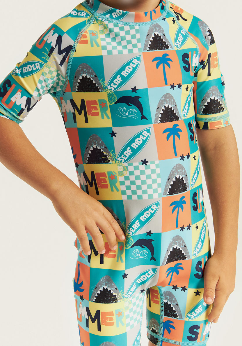 Juniors All-Over Graphic Print Swimsuit with Short Sleeves and Zip Closure-Swimwear-image-2