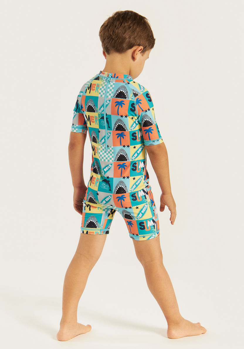 Juniors All-Over Graphic Print Swimsuit with Short Sleeves and Zip Closure-Swimwear-image-3