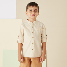 Eligo Striped Mandarin Collar Shirt with Long Sleeves