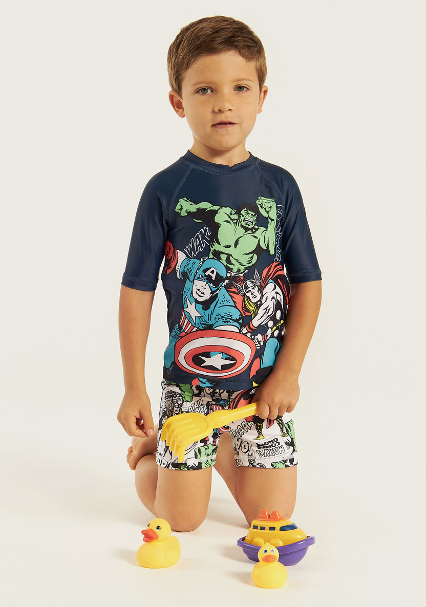 All-Over Superhero Print Swim T-shirt and Shorts Set-Swimwear-image-0
