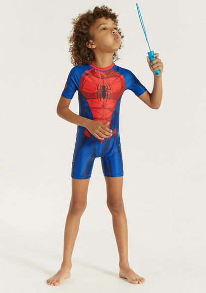Spider-Man Print Swimsuit with Round Neck and Short Sleeves-Swimwear-image-0