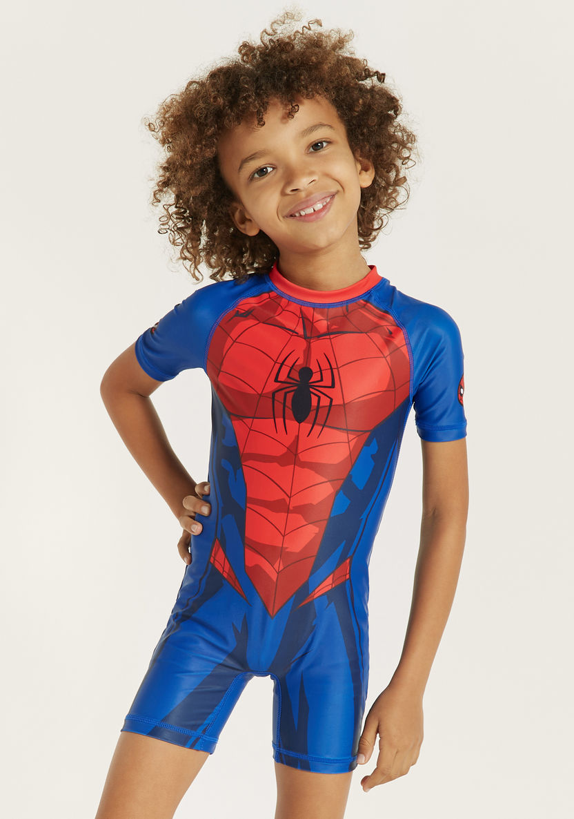Spider-Man Print Swimsuit with Round Neck and Short Sleeves-Swimwear-image-1