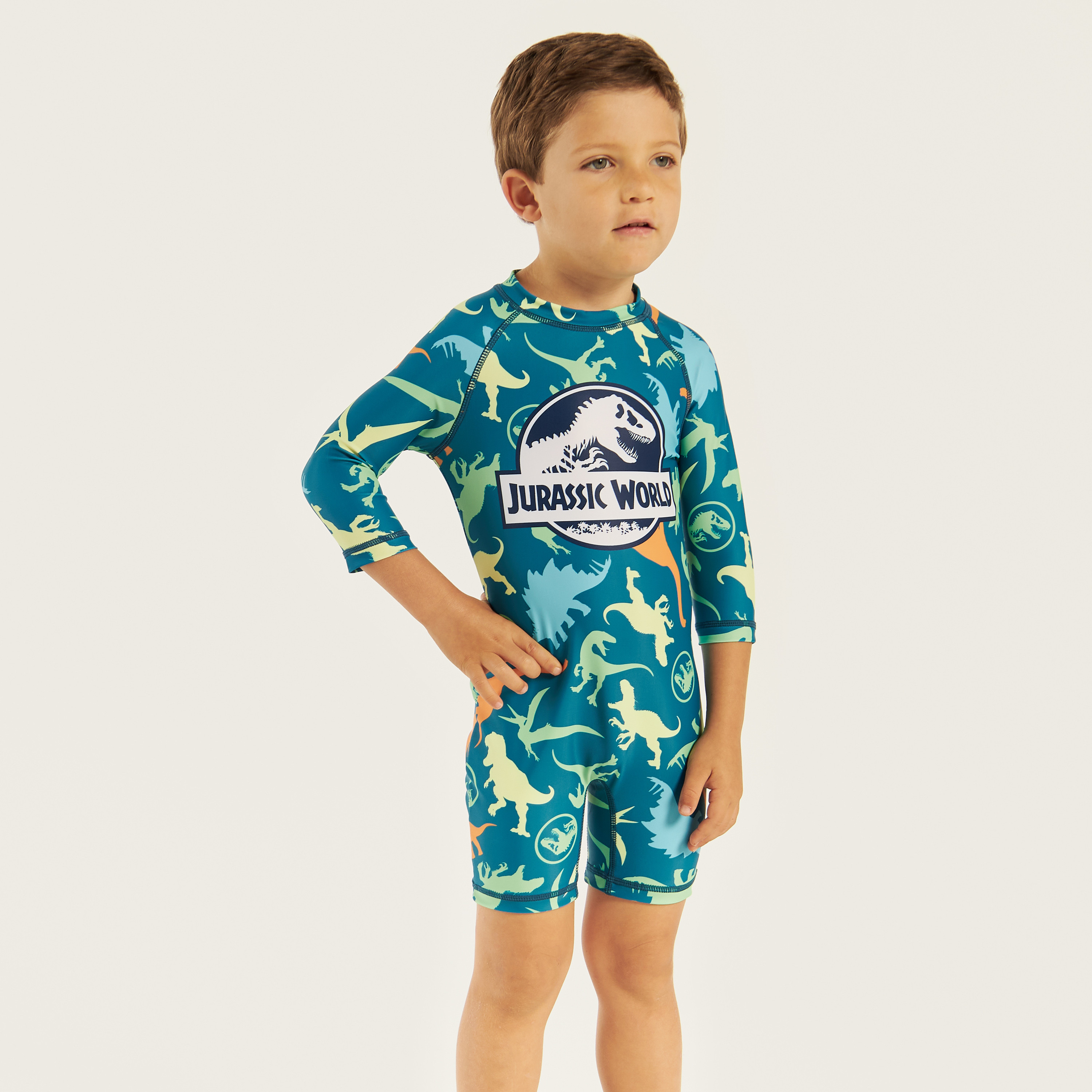 Jurassic World Print Swimsuit with 3/4 Sleeves and Zip Closure-baby-boys-clothing-swimwear-image-2