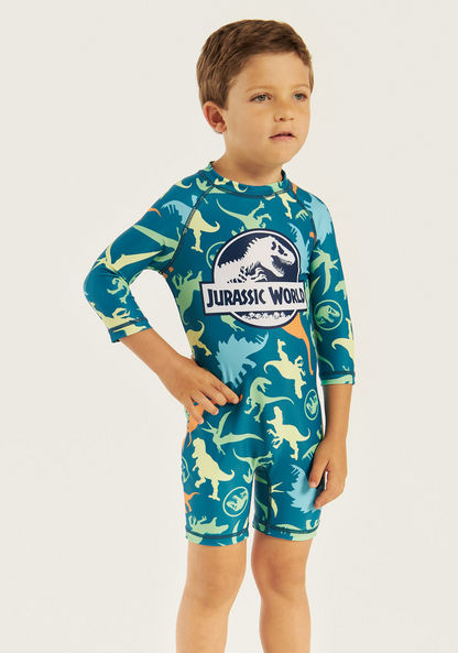 Jurassic World Print Swimsuit with 3/4 Sleeves and Zip Closure-Swimwear-image-1